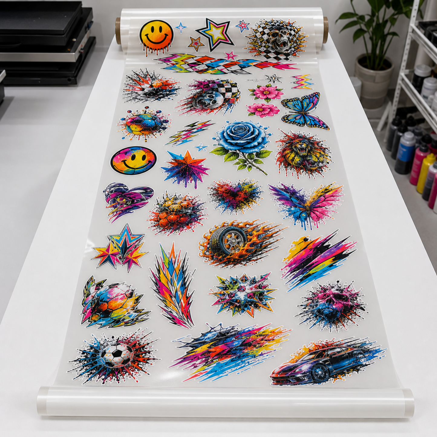 Premium custom DTF gang sheet builder with colorful transfers on translucent film