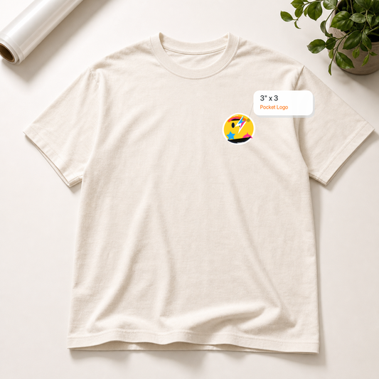 3x3 Pocket DTF transfer mockup with exact size callout on a t-shirt