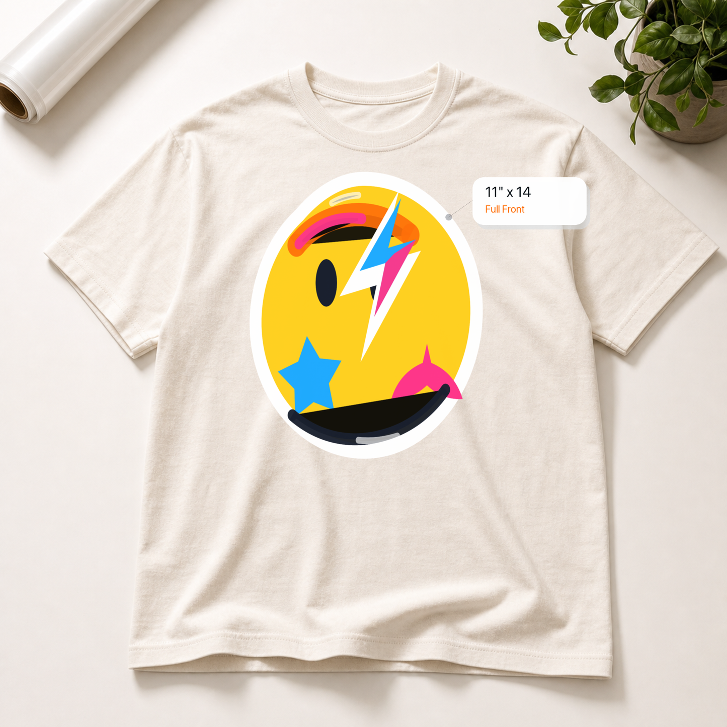 11x14 Full Front DTF transfer mockup with exact size callout on a t-shirt