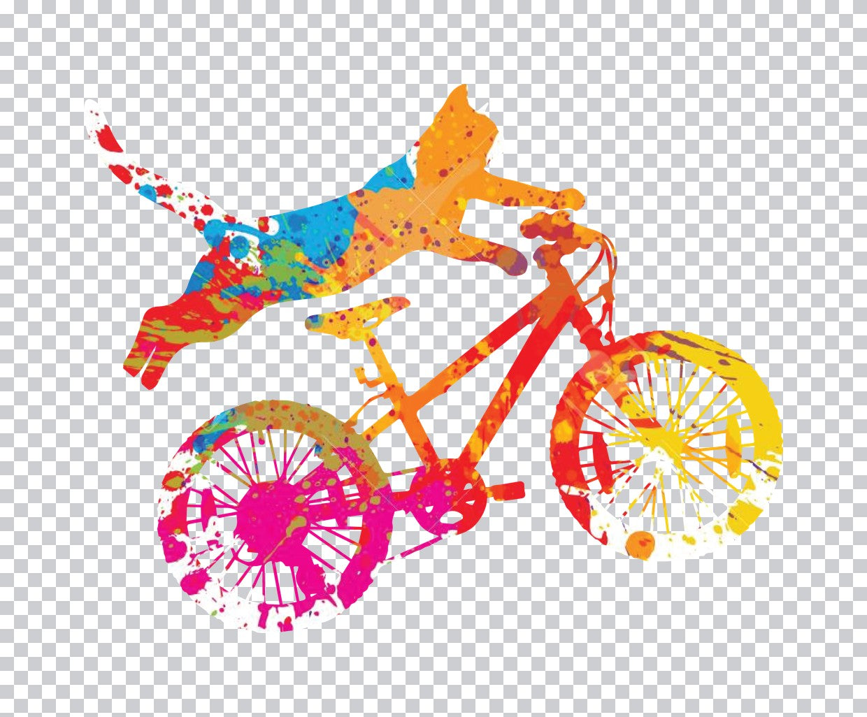 Colorful Splatter Cat on Bicycle DTF Transfer