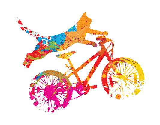 Colorful Splatter Cat on Bicycle DTF Transfer