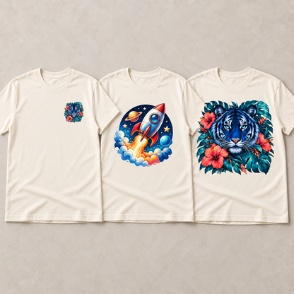 DTF transfer size examples on ivory T-shirts; apparel not included