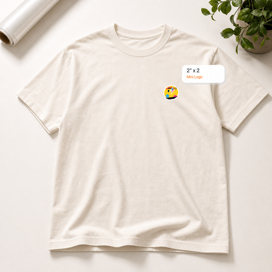 2x2 Mini DTF transfer mockup with exact size callout on a t-shirt