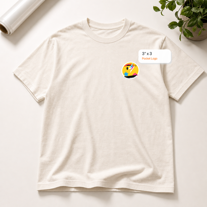 3x3 Pocket DTF transfer mockup with exact size callout on a t-shirt