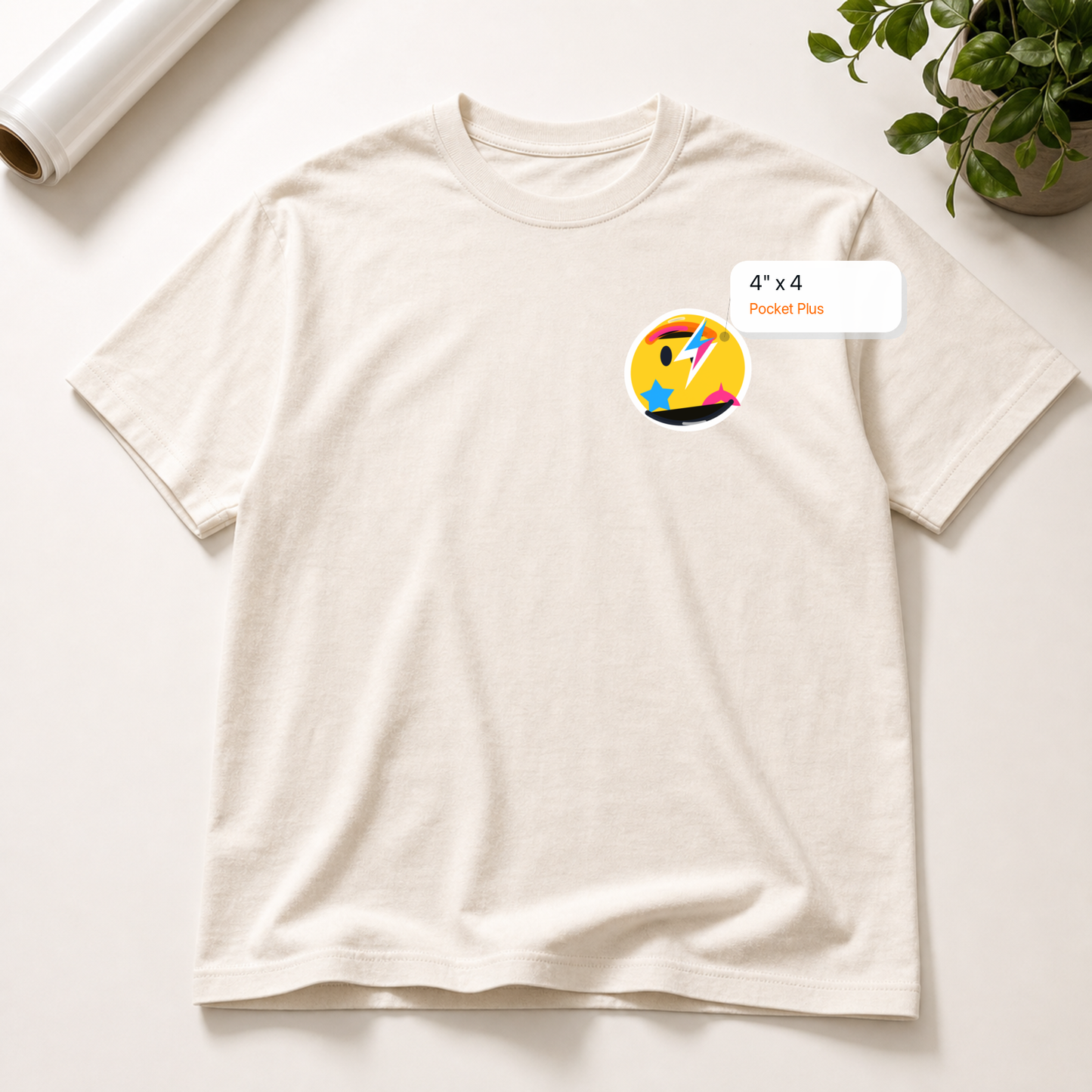 4x4 Pocket Plus DTF transfer mockup with exact size callout on a t-shirt