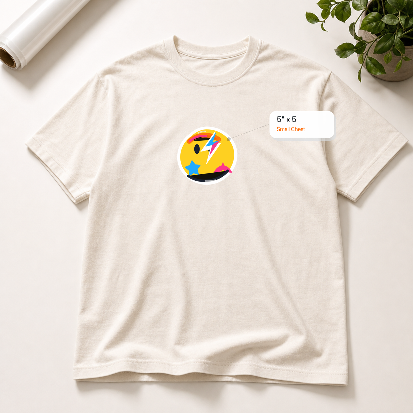 5x5 Small Chest DTF transfer mockup with exact size callout on a t-shirt
