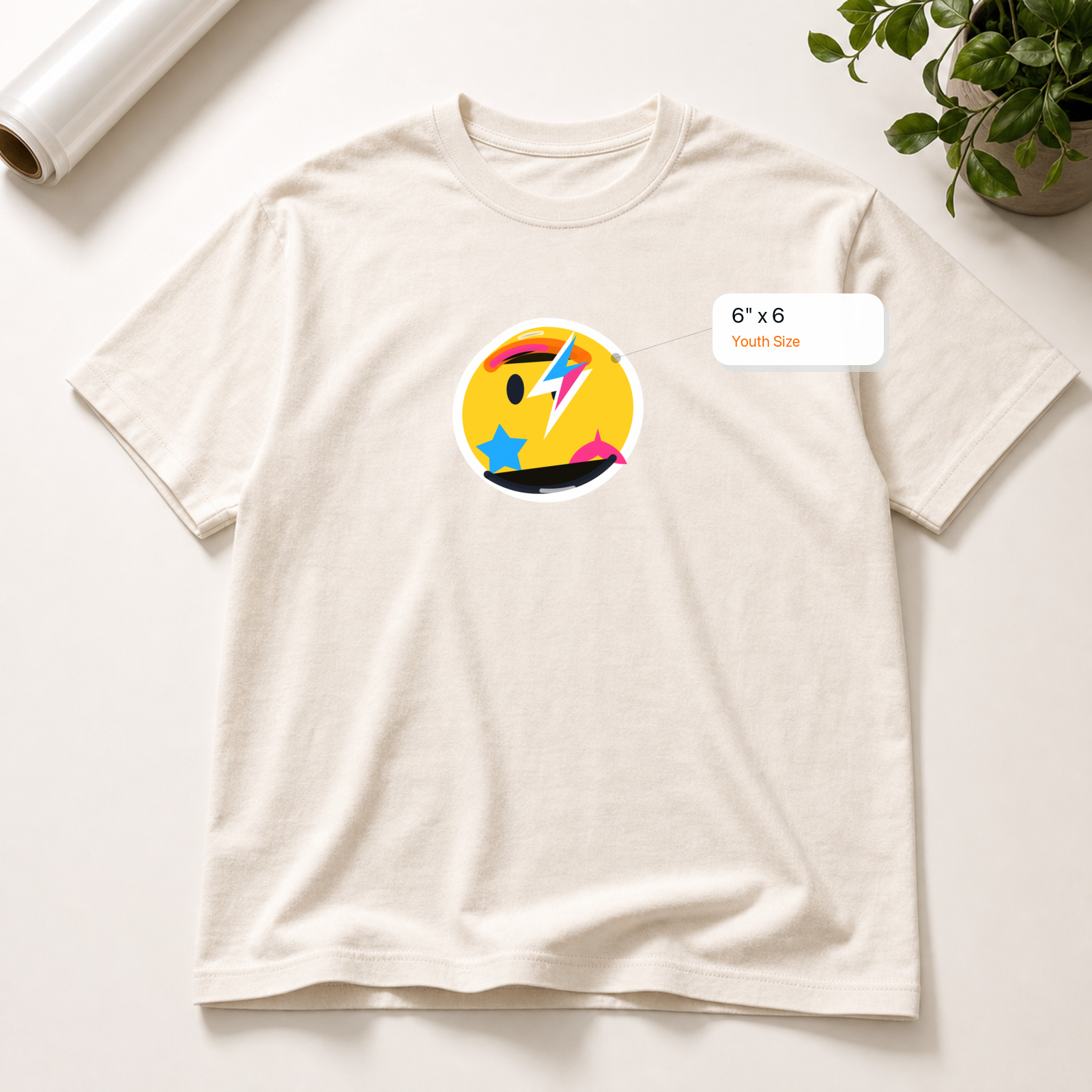 6x6 Youth DTF transfer mockup with exact size callout on a t-shirt