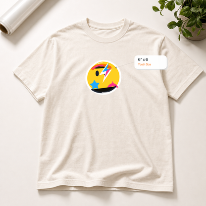 6x6 Youth DTF transfer mockup with exact size callout on a t-shirt