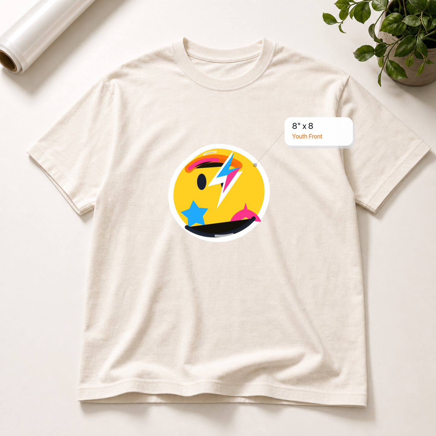 8x8 Youth Front DTF transfer mockup with exact size callout on a t-shirt