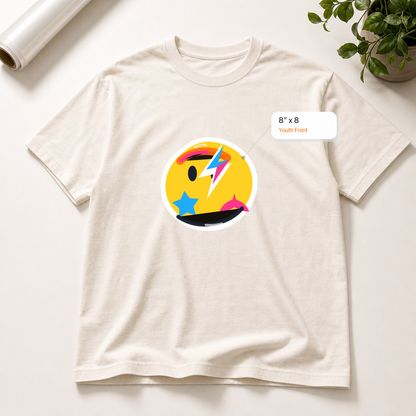 8x8 Youth Front DTF transfer mockup with exact size callout on a t-shirt