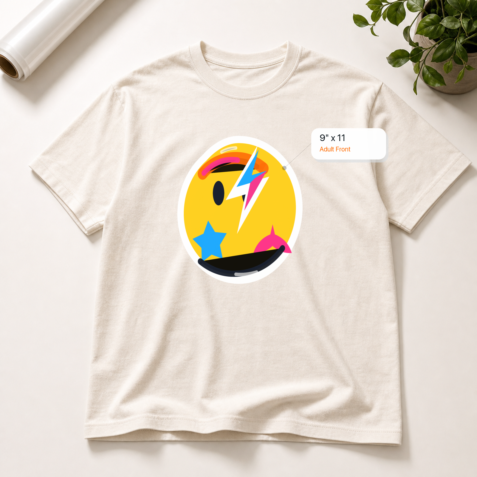 9x11 Adult Front DTF transfer mockup with exact size callout on a t-shirt