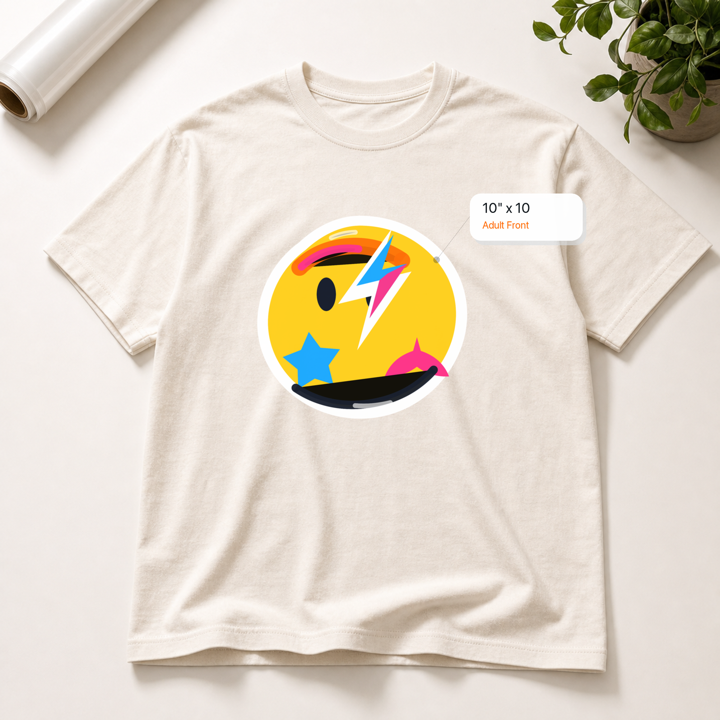 10x10 Adult Front DTF transfer mockup with exact size callout on a t-shirt