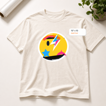 10x10 Adult Front DTF transfer mockup with exact size callout on a t-shirt