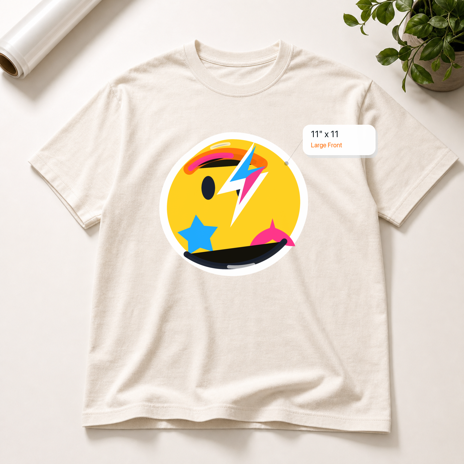 11x11 Large Front DTF transfer mockup with exact size callout on a t-shirt