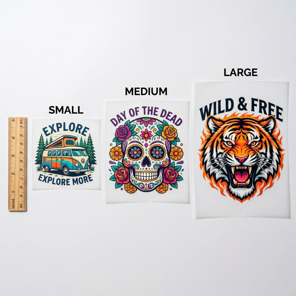DTF transfers in small, medium, and large sizes