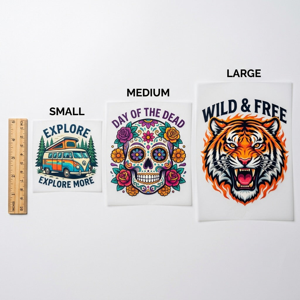 DTF transfers in small, medium, and large sizes