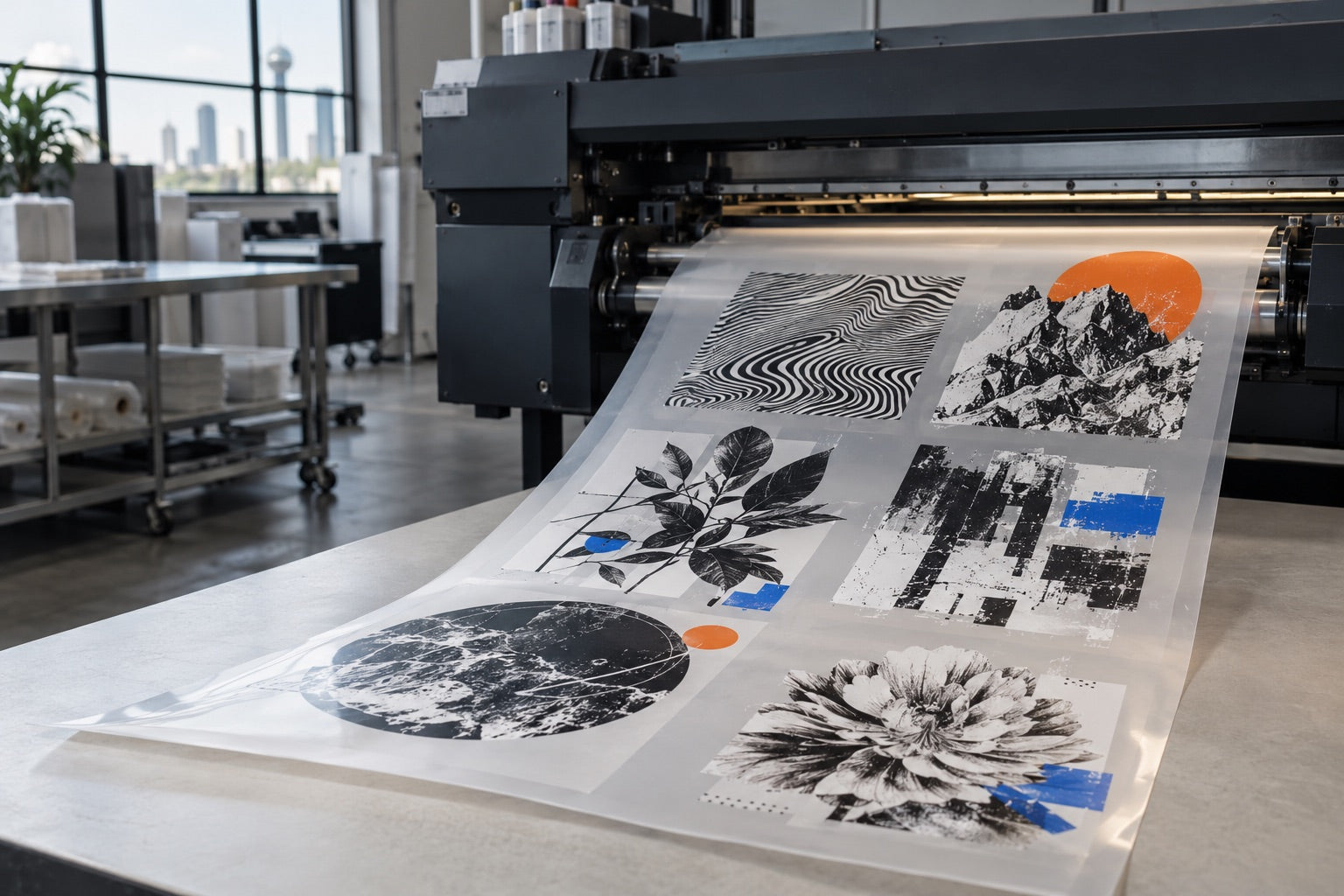 Illustration of a DTF gang sheet coming off a printer